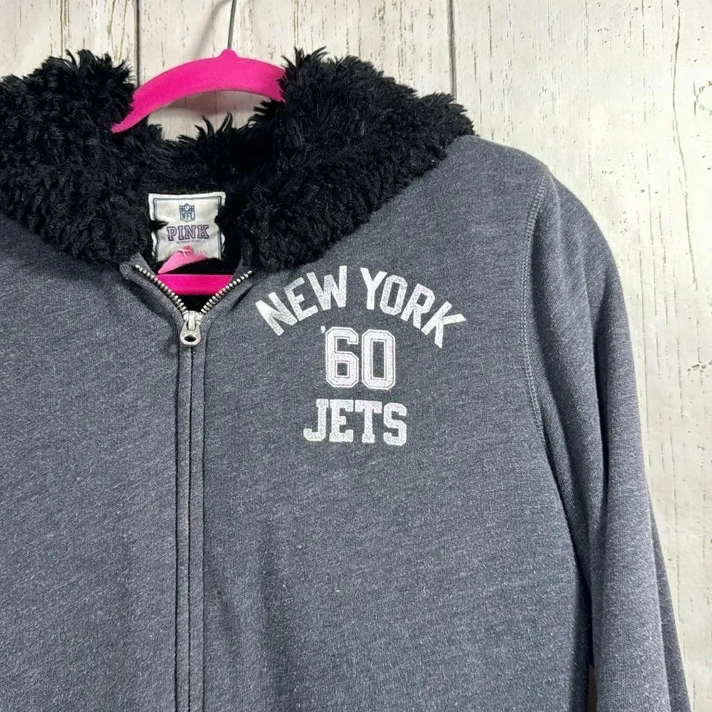Pink Victorias Secret Faux Fur Lined NFL Jets Sequins Zip Hooded Pockets Gray